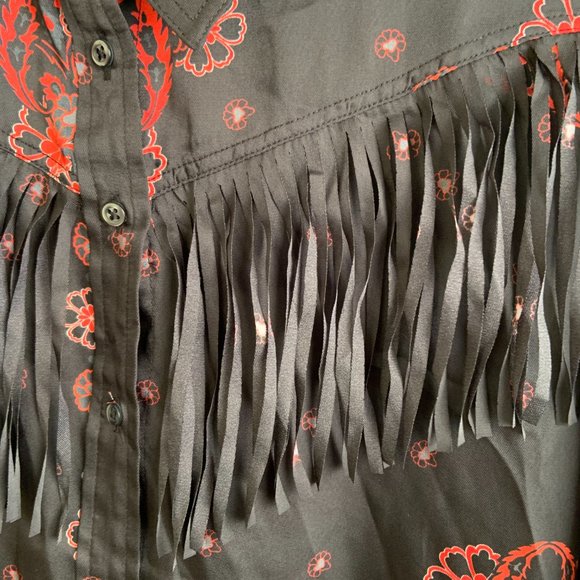Women's Desigual Western Satin Paisley Long Sleeve Shirt Blouse Fringe Size L - Picture 4 of 14
